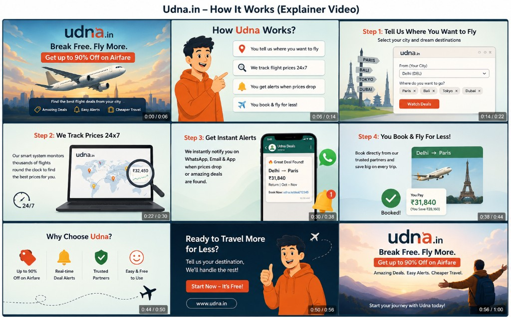 Udna.in How It Works explainer — tell us where you want to fly, we track prices 24x7, you get alerts, and book for less